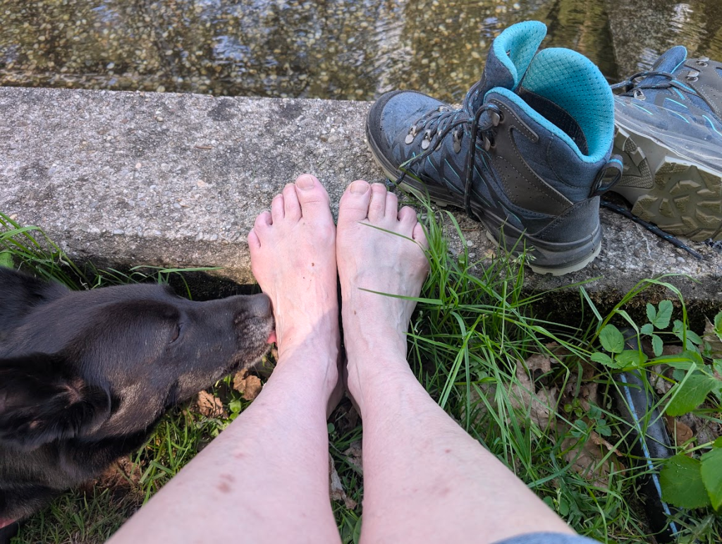 Barfuß Barfuß. Füße neben Schuhen und mit einem schwarzen Hund