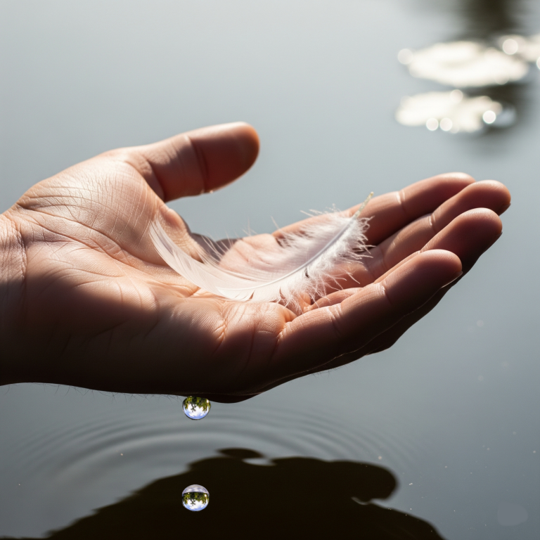 Eine Hand über Wasser, die eine Feder hält. Symbol des Freien Gefühls nach der Vagus Harmonisierung in der Heilpraxis für Physiotherapie