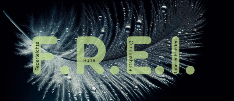 Feder mit Tautropfen und dem namensgebenden Schriftzug F.R.E.I.