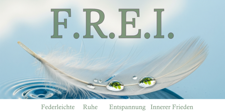 Feder mit Tautropfen und dem namensgebenden Schriftzug F.R.E.I.. Faszienarbeit und Vagus-Harmonisierung in der Heilpraxis für Physiotherapie